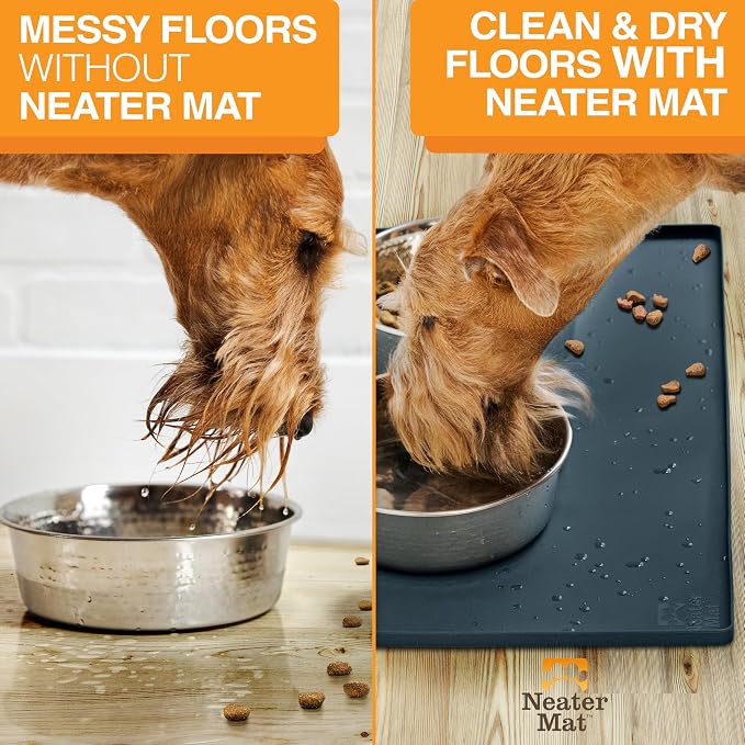 Neater Pet Brands Neater Mat Pet Mats for Food and Water, Cat & Dog Bowl Mat Waterproof Silicone, Feeding Tray, Dog Food Mats for Floors, Placemat w/Raised Edge for Under Bowls, 24" x 16", Slate Blue