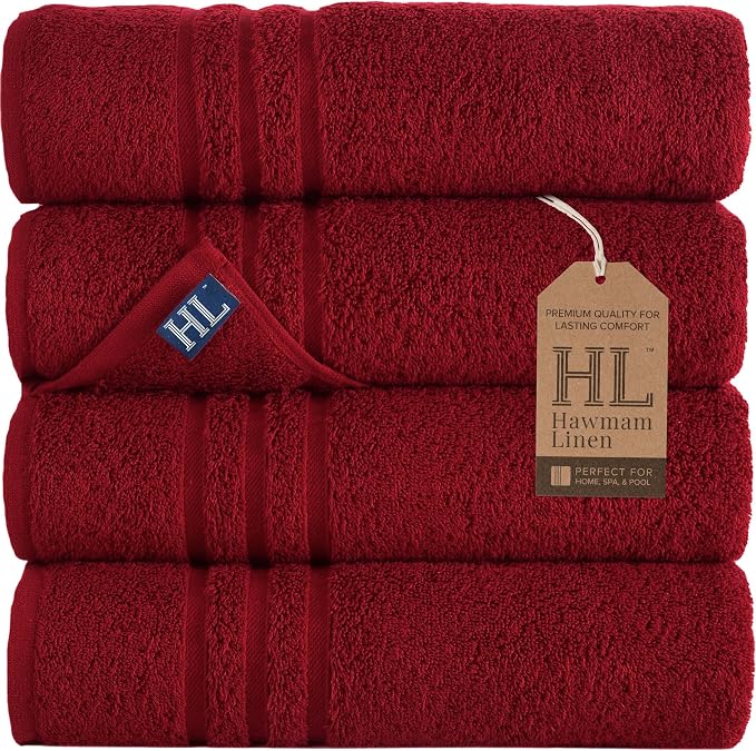 Hawmam Linen Red Bath Towels 4 Pack Soft and Absorbent, Premium Quality Perfect for Daily Use 100% Cotton Towel 600 GSM
