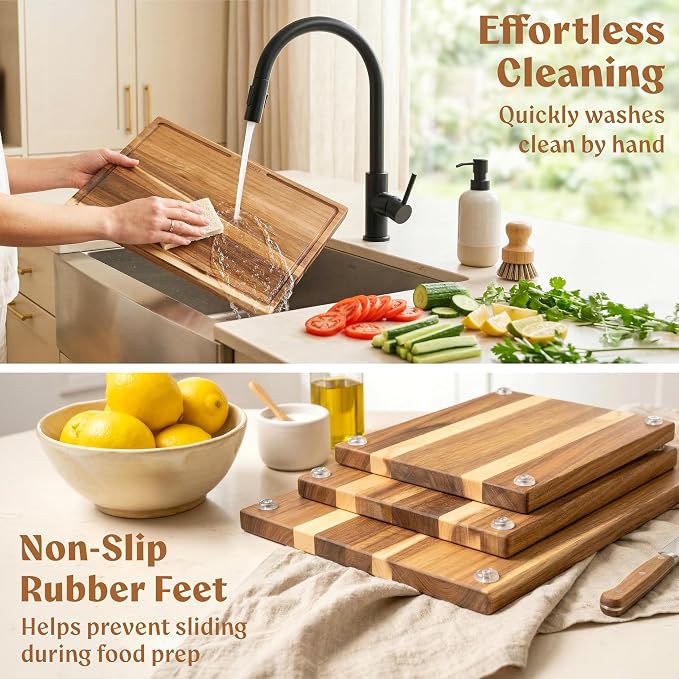 Acacia Wood Cutting Boards for Kitchen Set of 3 with Juice Groove | Non toxic FSC certified wooden chopping boards, knife-friendly, large kitchen boards for meat, cheese, charcuterie & serving