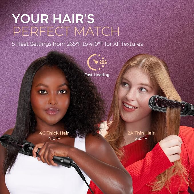 TYMO Flat Iron Hair Straightener Brush 2 in 1, 200M Ions Hair Straighteners for Women, Ceramic Straightening Hot Comb for Anti-Frizz Straights, Waves, Curl, 3X Less Heat Damage, Dual Voltage,Rose Gold