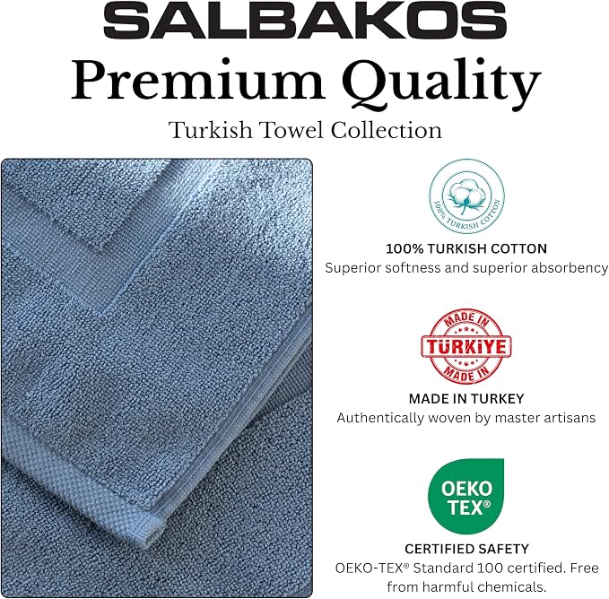 SALBAKOS 2-Piece 100% Turkish Cotton Bath Mat Towel, 20x34 inch, Blue | Bathroom Floor Towels, Thick Soft Most Absorbent Quick-Dry Durable Large Size Foot Rug, Premium Hotel Quality Made in Turkey