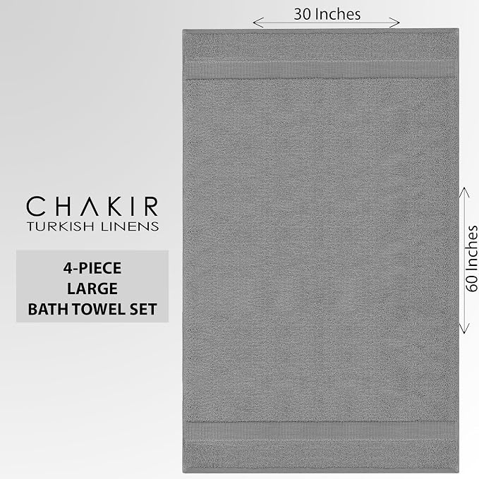 Chakir Turkish Linens 2 Piece Large Bath Towels, 100% Cotton Turkish Towels for Bathroom, Luxury Soft Absorbent Bath Towels, 30 x 60 Inches, Gray