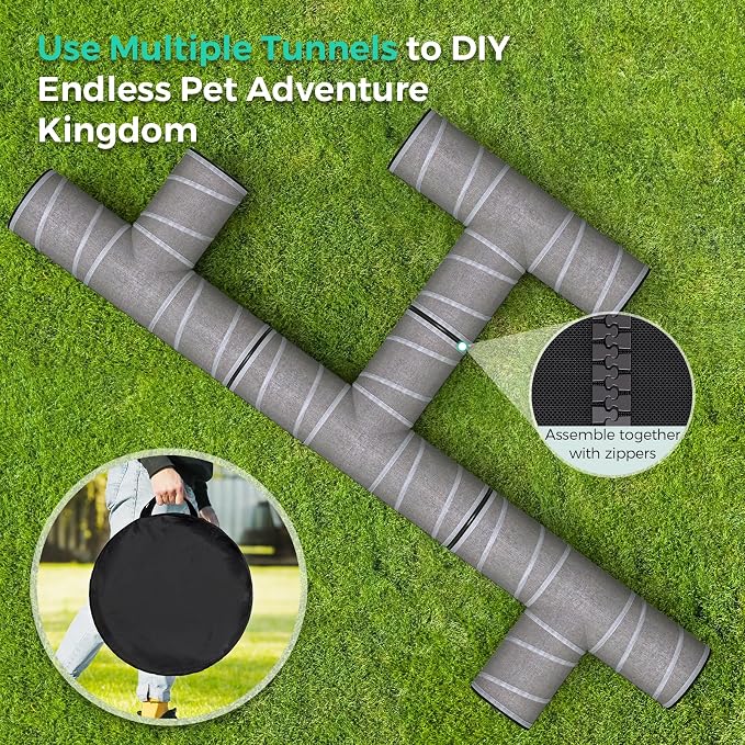 PETOCAT Cat Tunnel 4 Way with Teaser Wand & 2 Plush Ball, 5 Shapes Available, 54/80.7" L, H-Shaped Collapsible Pet Play Tube Maze for Kitten Puppy Bunny Ferret Rabbit, Indoor/Outdoor Peekaboo Cave