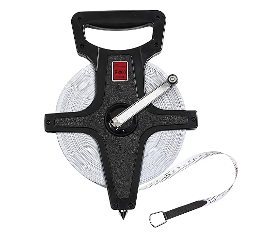 Champion Sports Open Reel Measuring Tapes – Durable Hand Crank with Metal Spike, Dual-Sided Feet & Meters, Perfect for Track & Field and Long Jump, 200 Feet/60 Meters