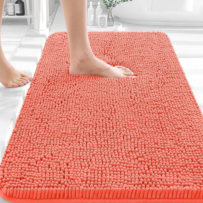 OLANLY Bathroom Rugs 30x18, Extra Soft Absorbent Chenille Bath Rugs, Rubber Backing Quick Dry, Machine Washable Bath Mats for Bathroom Floor, Tub and Shower, Home Decor Accessories, Coral