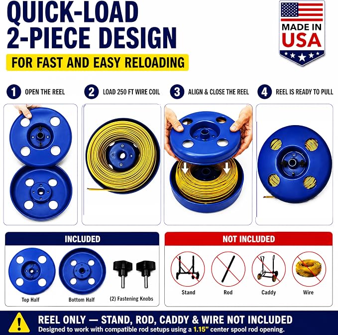 NM-B Blue Wire Dispenser for 125-250 FT Wire Coils, Portable Electrical Wire Organizer, Heavy-Duty Polypropylene Cable Reel, Made in USA, 16" OD x 15" ID Wire Reel for Electricians & Contractors