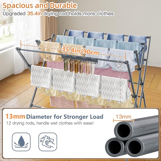 Drying Rack Clothing,35.43in Long Drying Poles Large Clothes Drying Rack | Foldable Portable Laundry Drying Rack with Sock Clips for Air Drying Clothing,Towels,Delicate Eac,Indoor Outdoor Use.Silver