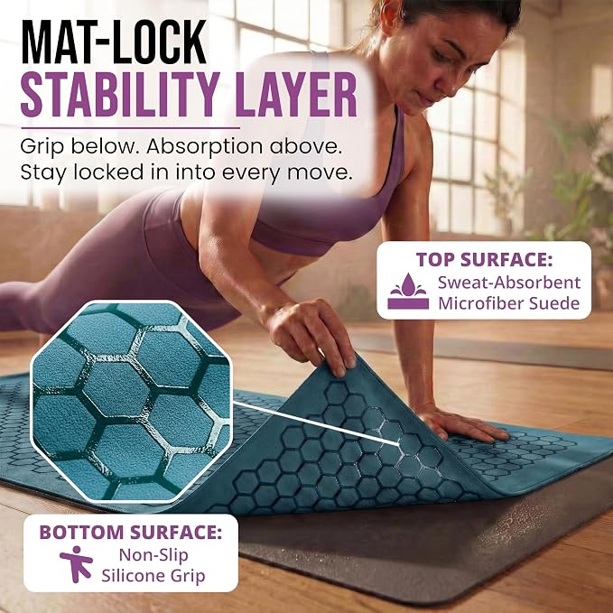 Clever Yoga Hot Yoga Mat Towel – Non-Slip Grip for Hot Yoga, Sweat Absorbent, Honeycomb Silicone Grip, Stays Flat – Ideal for Pilates, Travel, Washable & Lightweight - Turquoise
