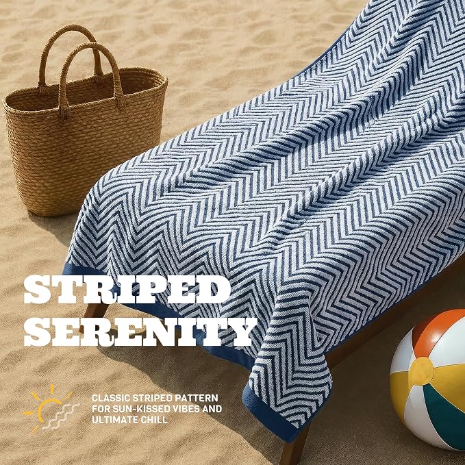 White Classic Cotton Beach Towels Oversized 35 x 70 Inches, Ultra Absorbent and Low Lint Luxury Pool Towels, Chevron Design, Navy Blue, 2 Pack