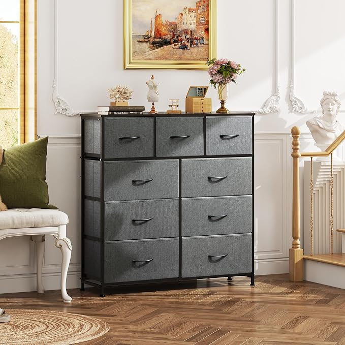 WLIVE 9-Drawer Dresser, Fabric Storage Tower for Bedroom, Hallway, Entryway, Closet, Tall Chest Organizer Unit with Fabric Bins, Steel Frame, Wood Top, Easy Pull Handle, Dark Grey