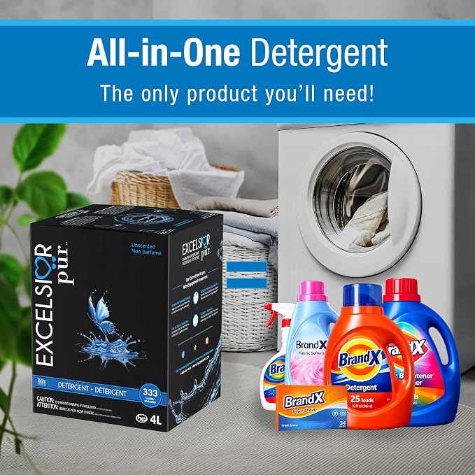 Excelsior Pür HE Laundry Detergent Liquid 7.5x Fragrance Free Concentrated 333 Loads 4 Liter W/Natural Stain Remover, High Efficiency Washing Detergent Laundry Soap Works In All Washers Unscented