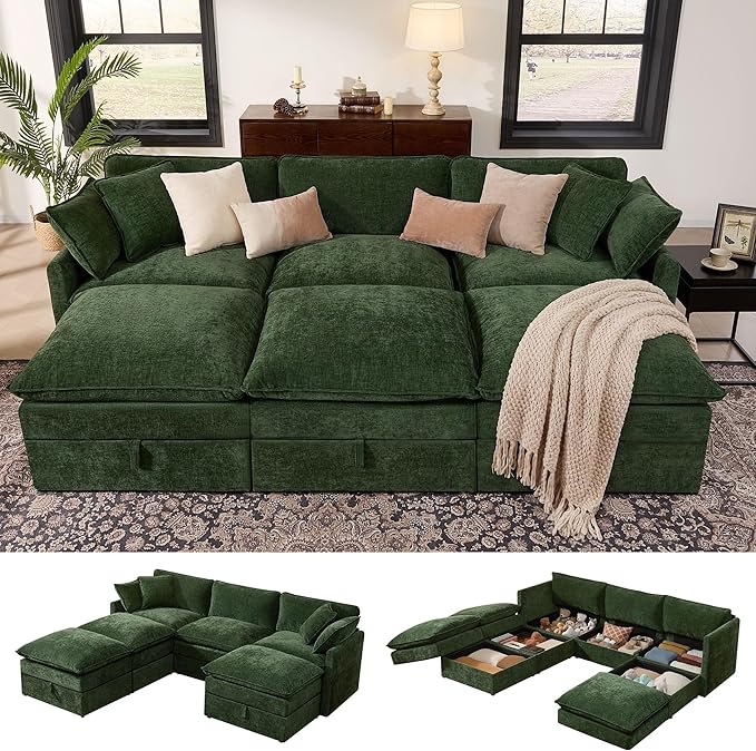 Ihanherry Oversized Sectional Sofa Bed with Storage, 103" 6-Seater Modular Cloud Couch with Movable Ottomans, Chenille Deep Seat Sleeper Couches for Living Room (Green)