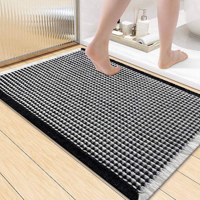 Smiry Waffle Bath Mat 36x24, Extra Soft Absorbent Bathroom Rugs, Non Slip Machine Washable Quick Dry Bath Rugs for Bathroom Floor, Tub, Shower, Home Decor Accessories, Black & Cream