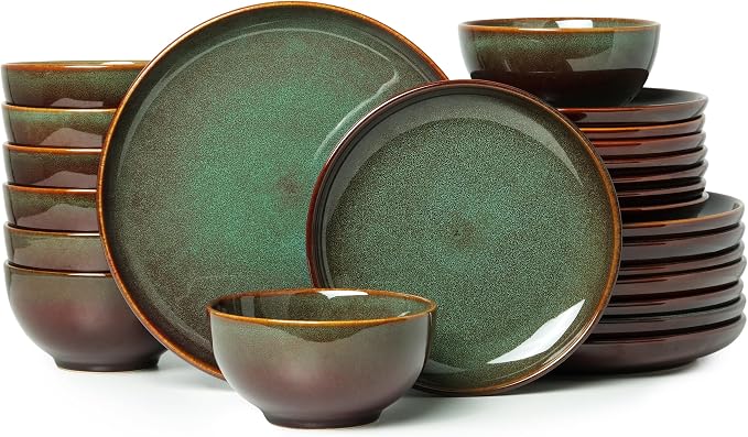 Pokini 24 Piece Dinnerware Sets for 8, Modern Stoneware Plates and Bowls Setst, Perfect for Family Gatherings & Holiday Celebrations, Easy Cleaning Dishes Set, Stack Compactly Dishware, Brown Green