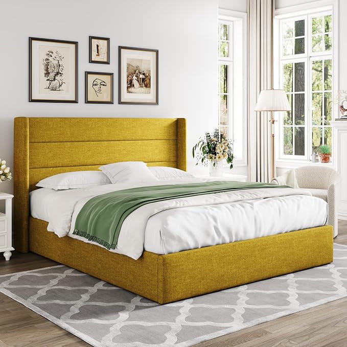 Allewie Queen Size Lift Up Hydraulic Storage Bed Frame Olive Yellow | Modern Wingback Headboard, Hydraulic Support Storage, No Box Spring Needed