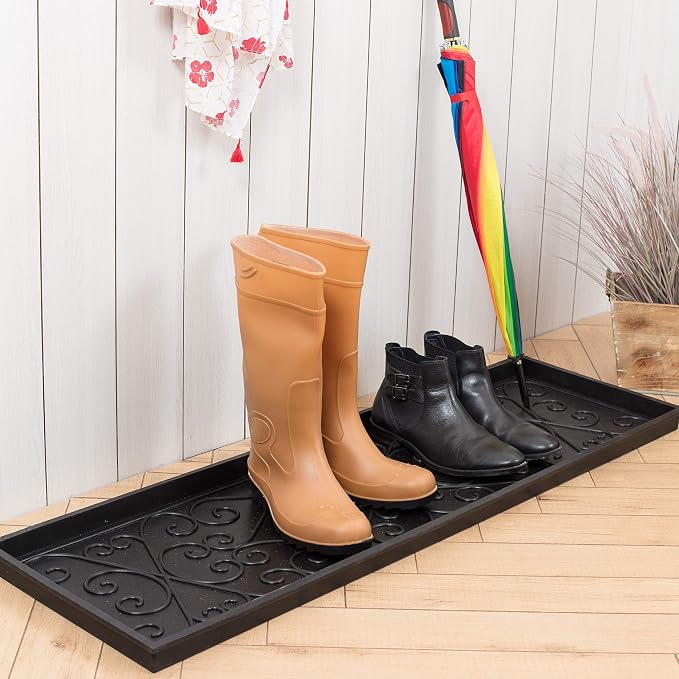 Anji Mountain Heavy Duty Waterproof Rubber Shoe Storage Mat Organizer/Boot Storage Tray Multi Use For Entryway with Coir, Blue and Ivory Insert , Fits 4 Pair (46.5" Wide)