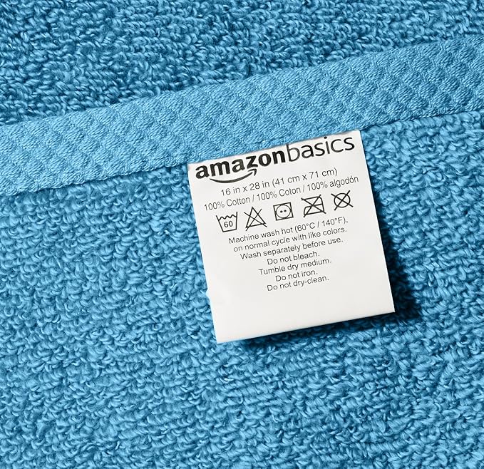 Amazon Basics 8-Pack Lightweight Quick-Dry Hand Towels, 100% Cotton, 28" x 16", Lake Blue