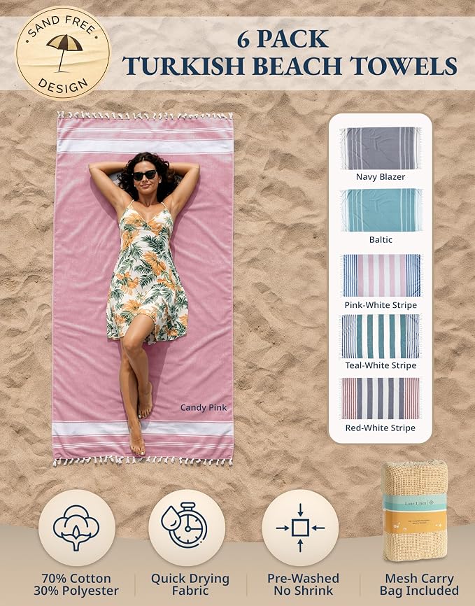 LANE LINEN Beach Towels 6 Pack, Super Absorbent, Durable - Coastal Harmony | Oversized & Pre-Washed Large Beach Towel Set - Stylish Pool Towels for Adults - Quick Dry, 39"x71", Vacation Essential, Soft