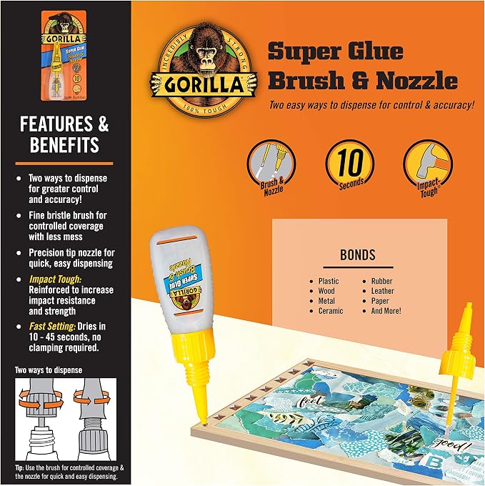 Gorilla Super Glue with Brush & Nozzle Applicator, 10 Gram, Clear, (Pack of 3)