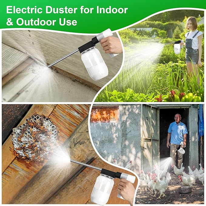 Qualirey Electric Diatomaceous Earth Duster, Powder Duster with 7.5'' Extension Nozzle and 33Oz Bottle, Powder Sprayer for Pest Control/Home/Garden/Indoor/Outdoor