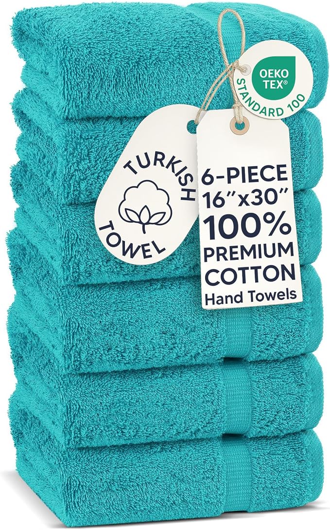 Chakir Turkish Linens 6 Piece Hand Towels, 100% Cotton Luxury Turkish Towels for Bathroom, Soft Absorbent Hand Towel Set, 16 x 30 Inches, Aqua