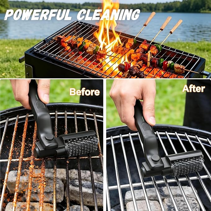 Electric Grill Brush, High Torque Grill Brush with Rechargeable 3-Speed Modes, 180° Adjustable Stainless Steel Replaceable Brush Head, Fit for Outdoor Camping and Barbecuing