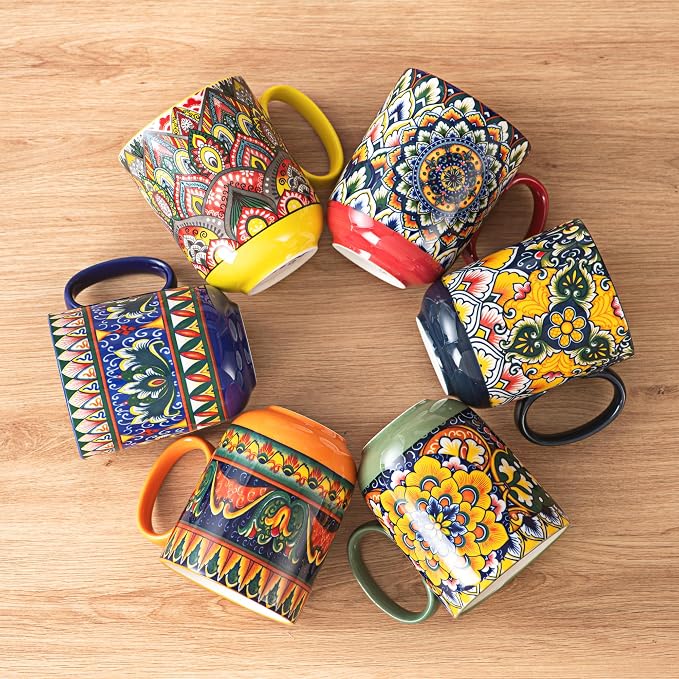 Henten Home Ceamic Coffee Mug Set of 6, 14 oz Colorful Latte Cup with Handle, Boho Floral Mug for Hot Cocoa, Milk, Tea, Chocolate, Microwave & Dishwasher Safe