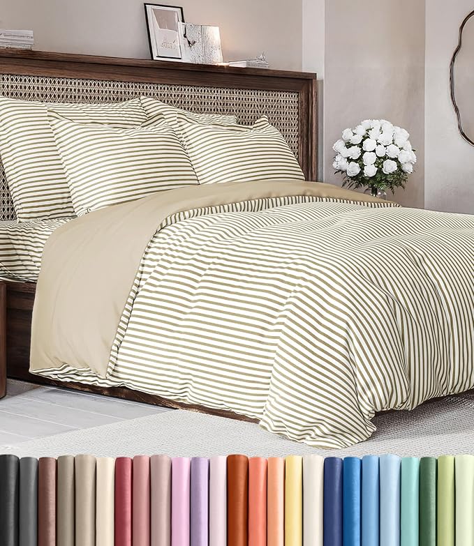 Duvet Cover Full Size Set - Extra Soft Full Duvet Cover 80" x 90" with 2 Pillow Shams for Women, Men, Kids & Teens - Hotel Luxury w/ Zipper Closures & Ties - Comfy, Cozy & Breathable (Beige Stripes)