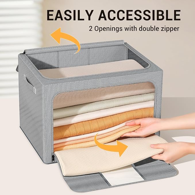 Clothes Storage Bins with Metal Frame, Foldable Clothes Organizers Storage Containers for Clothes, Sheets, Blankets, Pillows and Towels (24L, 3 Pack, Deep Grey)
