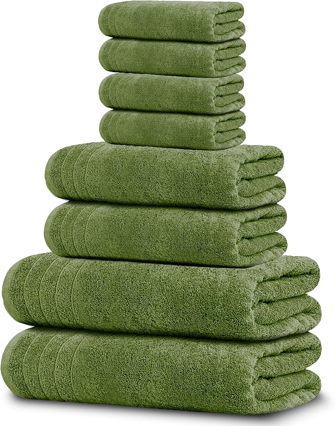Tens Towels 8 Piece Towel Set, 2 XL Bath, 2 Hand, 4 Washcloth, Green | 100% Cotton, Lighter Weight, Quicker to Dry, Super Absorbent, Perfect for Bathroom