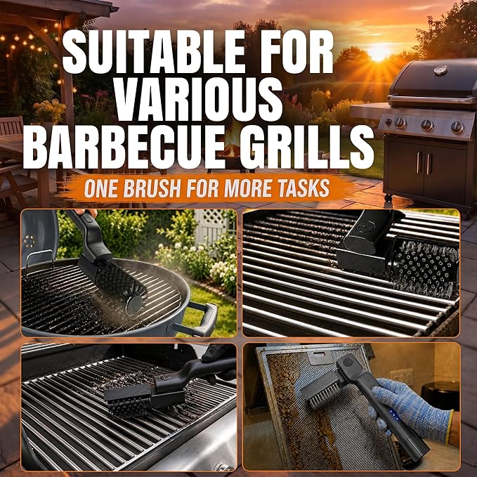 Electric Grill Brush- 24kg Max Torque BBQ Cleaner with 3-Speed Modes- 200-Min Runtime- 7-Level Adjustable Angle, Reinforced Bristles, Safe for Porcelain, Cast Iron, Stainless Steel & Outdoor Grills