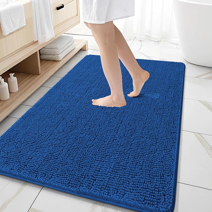 OLANLY Large Bathroom Rugs 59x35, Soft Absorbent Chenille Bath Rugs, Rubber Backing Quick Dry, Machine Washable Bath Mats for Bathroom Floor, Tub and Shower, Home Decor Accessories, Deep Navy Blue