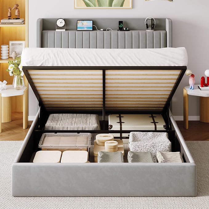 Allewie Queen Lift Up Storage Hydraulic Bed Frame,Charging Station,Grey | Storage Shelf Headboard with Charging Station,Type-C,USB Ports,Hydraulic Support,Velvet Upholstered,No Box Spring Needed