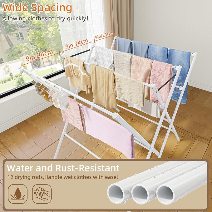 HOMIDEC Drying Rack Clothing,Large 12 Drying Poles with Sock Clips Clothes Drying Rack,Foldable Portable Laundry Drying Rack for Air Drying Clothing,Towels,Delicate Eac,Indoor Outdoor Use.White