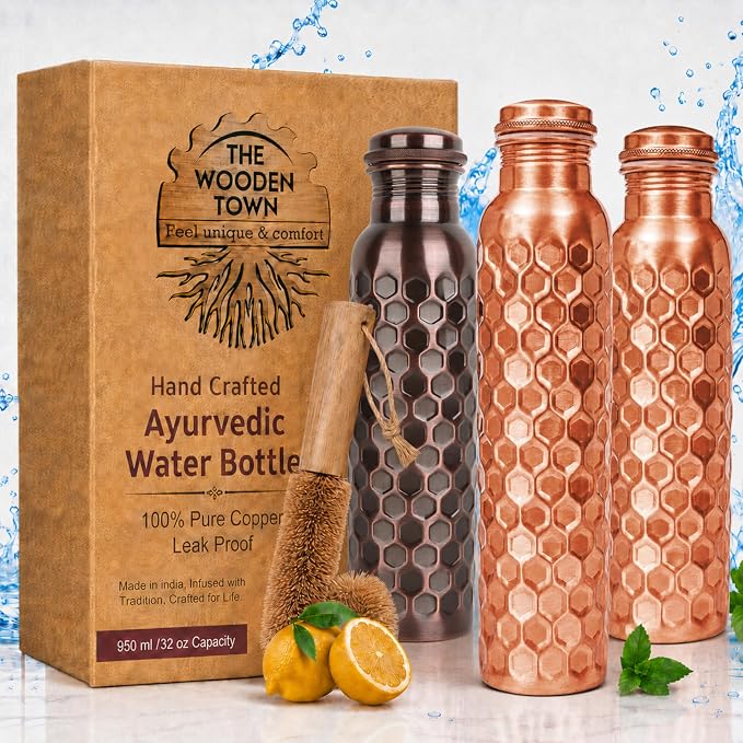Copper Water Bottle,Ayurvedic Pure Copper Bottle For Drinking - Drink More Water, Lower your Sugar Intake And Enjoy The health Benefits Immediately - 32 Oz(1Cleaning Brush +3 Diamond Bottle)