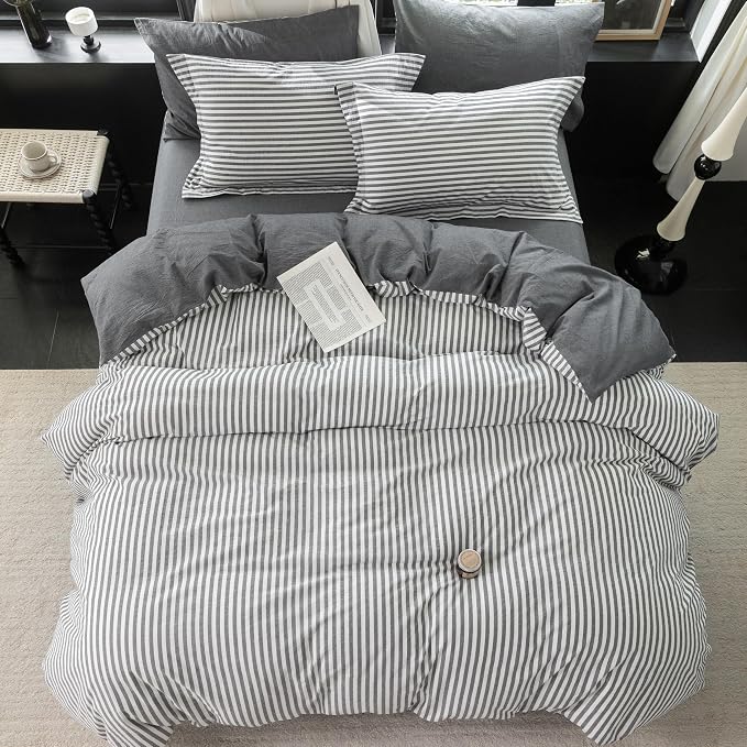 Reversible Duvet Cover Set 100% Washed Cotton Dark Grey Stripe Linen Feel Duvet Cover Queen Size with Zipper Closure & 2 Pillow Shams,Dark Grey/White Stripe Reverse Solid Dark Grey