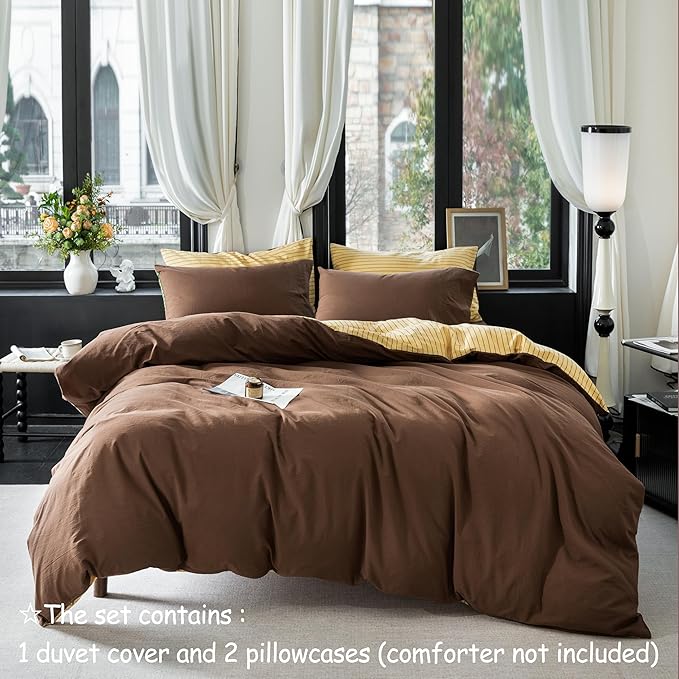 Reversible Duvet Cover Set 100% Washed Cotton Yellow Stripe Linen Feel Duvet Cover Queen Size with Zipper Closure & 2 Pillow Shams, Yellow/Brown Stripe Reverse Solid Brown