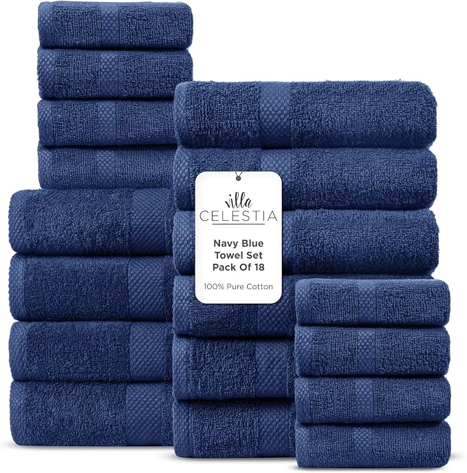 Villa Celestia 18-Piece 100% Cotton Towel Set, 4 Bath Towels, 6 Hand Towels, 8 Wash Cloth, Quick-Dry, Navy Blue