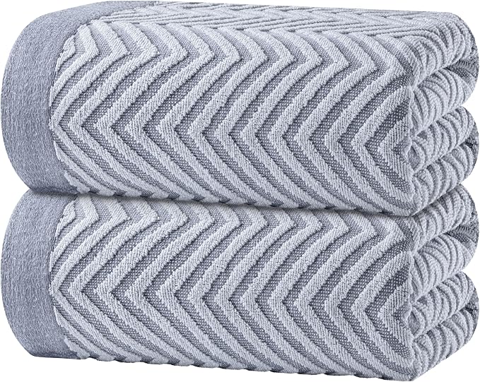 White Classic Cotton Beach Towels Oversized 35 x 70 Inches, Ultra Absorbent and Low Lint Luxury Pool Towels, Chevron Design, Light Gray, 2 Pack