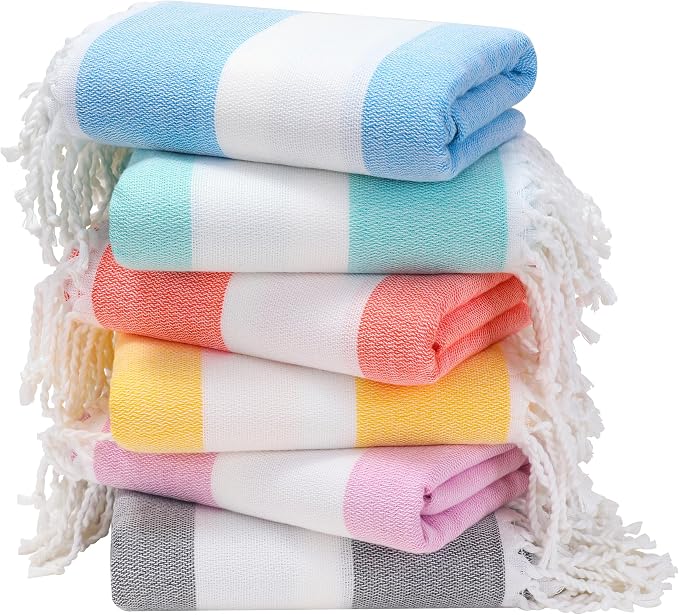 Genovega 6 Packs Oversized Stripe Turkish Beach Towel 74"x38" Thin Quick Dry Sand Free Pool Swim Towels Large XL Clearance Blanket Adult Travel Vacation Accessories Essentials Mulite Stripe