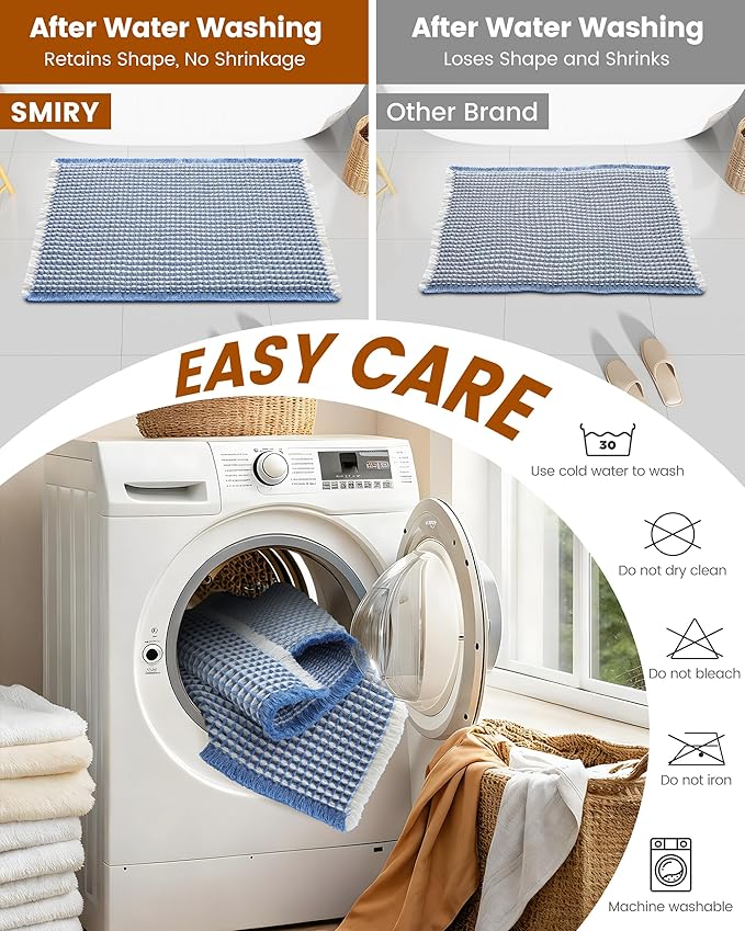 Smiry Waffle Bath Mat 30x18, Extra Soft Absorbent Bathroom Rugs, Non Slip Machine Washable Quick Dry Bath Rugs for Bathroom Floor, Tub, Shower, Home Decor Accessories, Blue & Cream