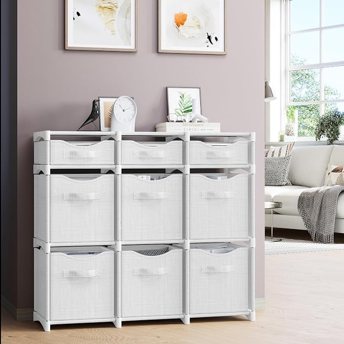 Cube Storage Organizer with 9 Storage Bins Included – Storage Cubes for Home Organization, Toy Storage, Office Storage, Living Room Storage, and General Storage Solution (White-Grey)