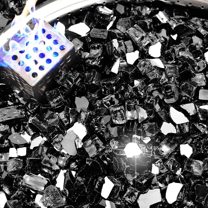 NUPICK 20 Pound Fire Glass, 1/2 Inch Reflective Fire Pit Glass | Tempered Fire Pit Rocks for Propane or Natural Gas, Glass Rocks for Fire Pit Table, Fireplace, Fire Bowl, Landscaping, Black