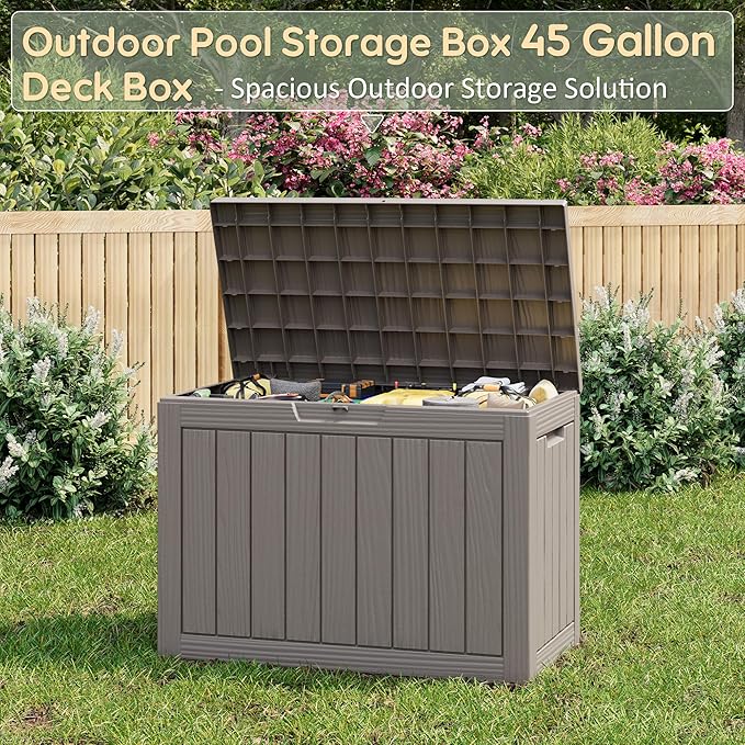 45 Gallon Outdoor Storage Box, All-Weather Deck Box for Patio Furniture, Package Deliveries, Garden Tools, Pool Supplies & Cushions, Grey