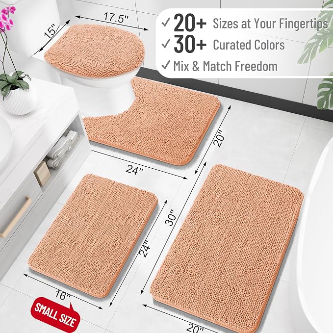 OLANLY Small Bathroom Rugs 24x16, Extra Soft Absorbent Chenille Bath Rugs, Rubber Backing Quick Dry, Machine Washable Bath Mats for Bathroom Floor, Tub and Shower, Home Decor Accessories, Peach