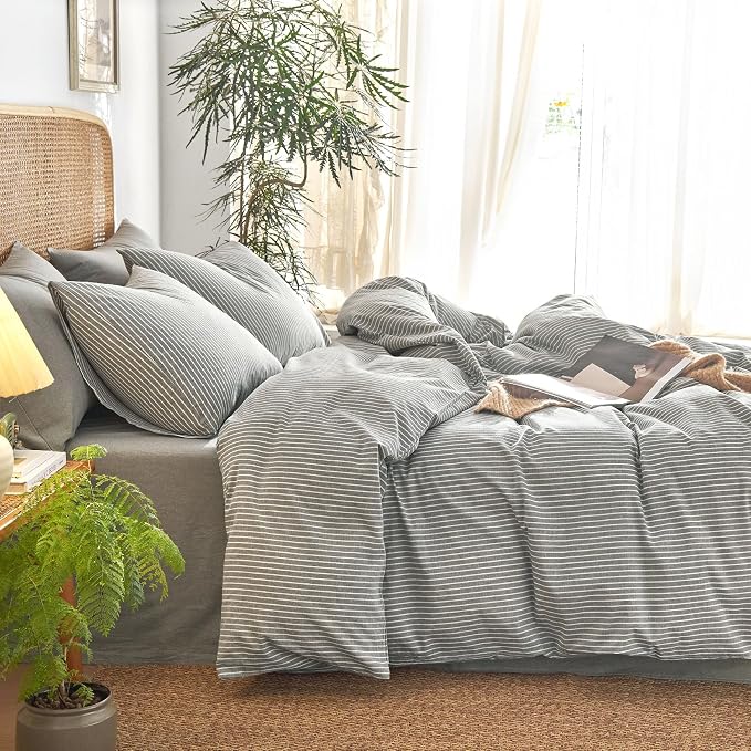 Wake In Cloud - Striped Cotton Duvet Cover Set, 100% Washed Cotton Textured Bedding Set, Ticking Stripe Pinstripe Farmhouse, 3 Pieces, Grey, Queen Size