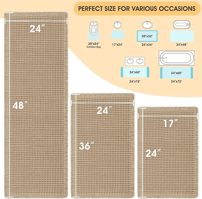 IM HOME Waffle Bath Mat Set 3 Piece Beige,Woven Modern Bath Rug Mats, Absorbent Non Slip Bath Floor Mat, Soft Washable Boho Bath Rugs with Tassels for Bathroom, Bedroom, Kitchen,Tub