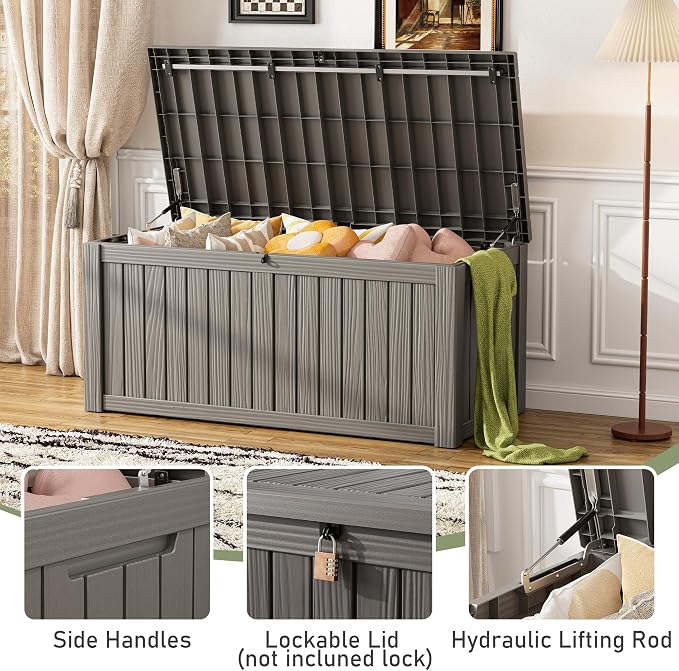 Outdoor Storage Box, 150 Gallon Large Outdoor Resin Deck Box, Storage Waterproof Boxes Lockable Lid for Garden Tools, Pool Supplies, Patio Furniture and Cushions, Grey