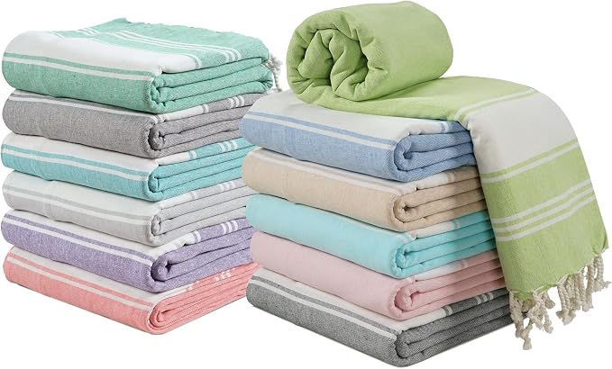 LANE LINEN Turkish Beach Towels 12 Pcs, Super Absorbent - Dazzling Dozen | Oversized Beach Towel - Lightweight Beach Essentials for Women - Large Pool Towel, Absorbent & Quick Dry, 39"x71", Sand Free