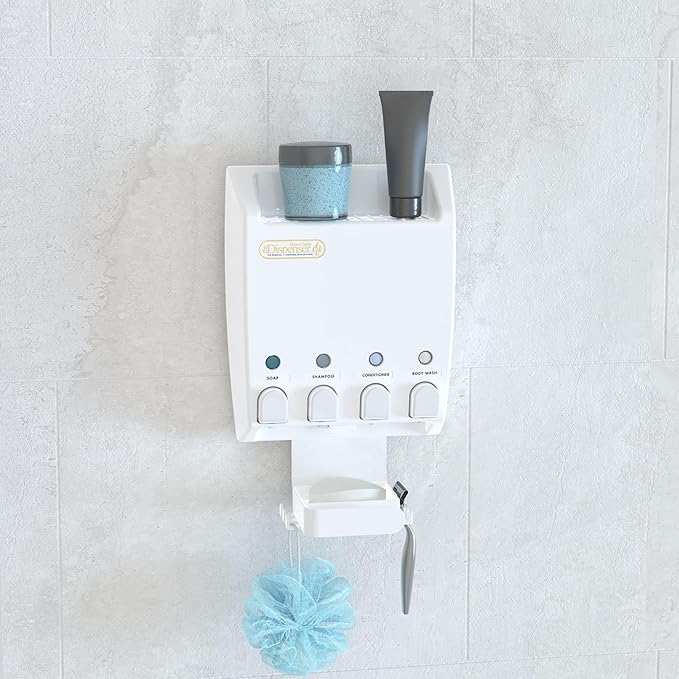 Better Living Ulti-Mate Shower Dispenser Caddy, 4 x 14.5 oz, White | Wall Mount 4 Chamber, Shower Dispenser for Bathroom, Shelf, Built-in Hooks & Soap Dish, No Drill